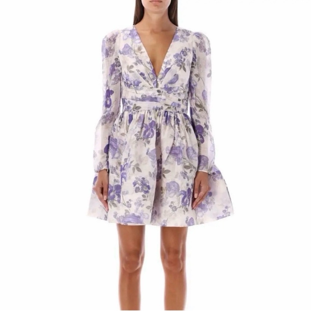 Zimmermann Purple and Cream Floral Long Sleeve Dress